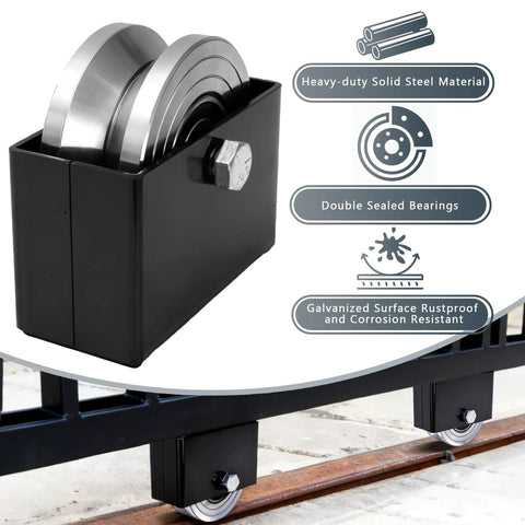 4 Inch V Groove Sliding Gate Roller Wheels 2 Pack Featuring Rugged Steel Construction And Welded Mounting Brackets, showing sealed bearings.