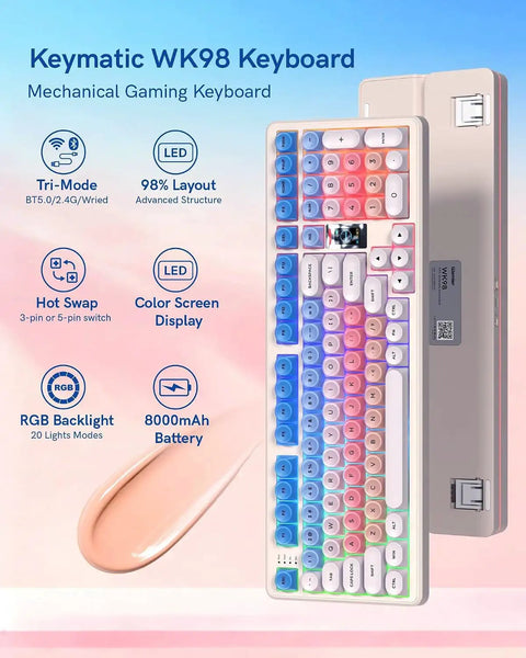 Pink Creamy Ultimate Mechanical Keyboard With Integrated Display Screen Tri Mode Hot Swappable Switches Wireless 98 Layout Gaming Board For True Dope Rigs, top view showing key layout and display.
