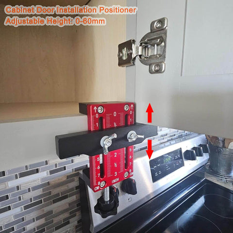 Effortless Cabinet Door Installation Positioner Jig with Locator Handle on cabinet, showing adjustable tool and hinge mounting.