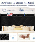 Upholstered headboard with charging station and storage shelf for Straight Up Comfortable Full Bed Frame With Built In Charging Station And Storage Shelf Sleek Black Velvet Wingback Headboard Heavy Duty Wood Slats Easy Peasy Assembly Total Game Changer.