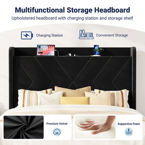 Upholstered headboard with charging station and storage shelf for Straight Up Comfortable Full Bed Frame With Built In Charging Station And Storage Shelf Sleek Black Velvet Wingback Headboard Heavy Duty Wood Slats Easy Peasy Assembly Total Game Changer.