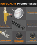 Pro Grade 33 Piece Cooling System Pressure Tester And Vacuum Refill Kit showing metal outlet, thermometer gauge, and aluminum hand pump.