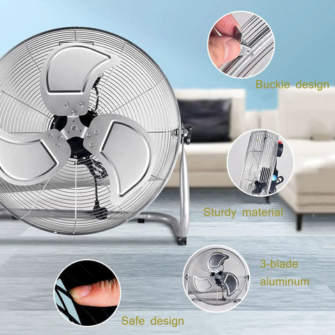 Heavy Duty Standing Fan With Badass Cooling Power And Smooth Airflow Design Crushing Summer Heat For Bedrooms Garages Workshops Warehouses Or Home Gyms In Matte Black close-up showing three aluminum blades and sturdy base details.
