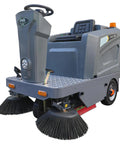 Tough As Nails Ride On Floor Sweeper With A Massive 50 Inch Sweep Path Big 26 Gallon Hopper and Brushless Motor, front view.