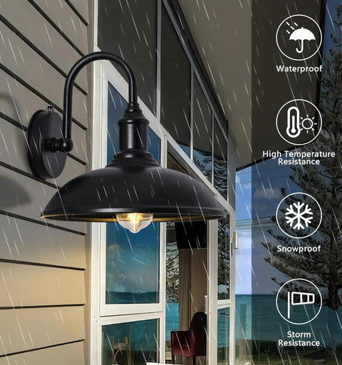 Gooseneck Barn Light Outdoor Fixture With Dusk To Dawn Sensor Black Retro Exterior Porch Garage Light For Patio And Yard Weatherproof Exterior Lighting shown on a wall with rain.