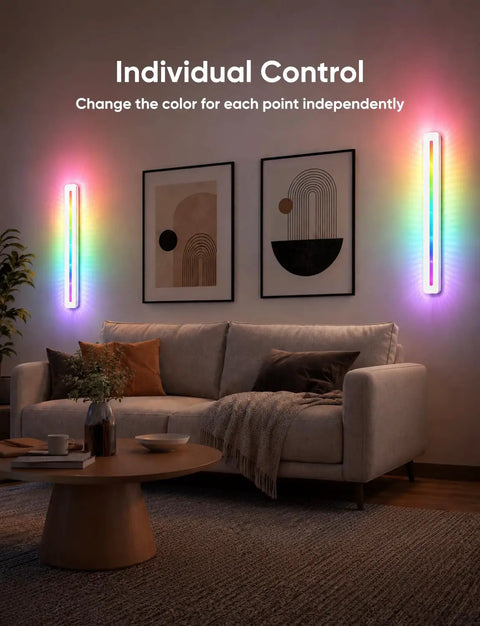 APPECK LED Wall Light 1 Pack, 15.8 Inch Plug in Wall Sconce RGBCW, Dimmable illuminated in vibrant colors beside modern art.