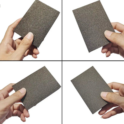 Hands holding 12 Pack Sanding Sponges Assortment, 6 Grits From Coarse To Superfine With 2 Pieces Each, Washable And Reusable