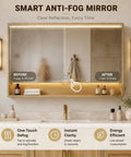 Smart anti-fog mirror demonstrating clear reflection with LED lights, paired with wooden vanity and storage accessories.
