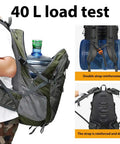40L Go-To Waterproof Hiking Backpack For Men And Women load test with water bottles, showcasing durability and breathable mesh padding, green.