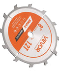Dado Blade Set For Woodworking With 8 Inch Outside Blades, Five Eighths Inch Arbor, shown with teeth and center hole detail