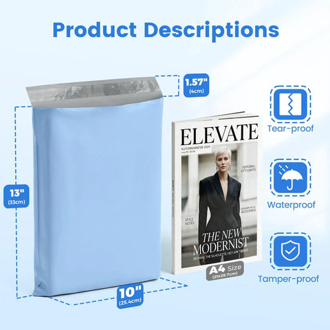 Poly Mailers 10x13 Inches 50 Pack Self Seal Shipping Envelopes Weatherproof Tear Resistant For Clothing in front of magazine.