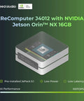 Jetson Orin NX Edge AI Powerhouse For On Device AI Up To 100 TOPS in a compact ReComputer J4012 with NVIDIA label on top.