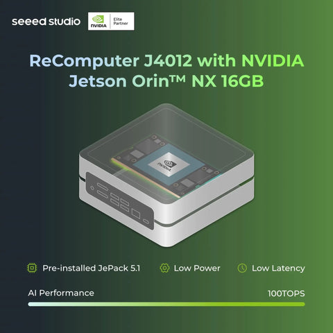Jetson Orin NX Edge AI Powerhouse For On Device AI Up To 100 TOPS in a compact ReComputer J4012 with NVIDIA label on top.