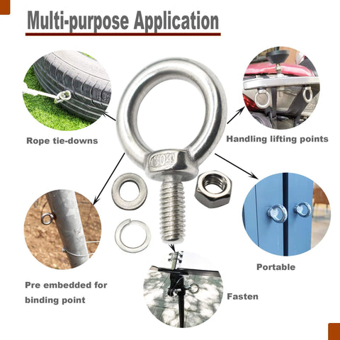 Stainless Steel M10 Eyebolt 0.71 Inch Short Eye Bolt With Threaded Ring Lifting Shoulder Screw Hook Nut Washer Locking Anchor Point For Hanging 6 Pieces Beefy Heavy Duty For Thick Metal Or Wood shown with various applications including rope tie-downs and lifting points.