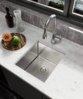 Overhead view of Undermount 13x15 Inch Single Bowl Kitchen Sink in Premium 304 Stainless Steel, 8 Inch Deep Basin on marble countertop