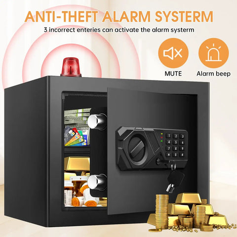 Compact Home Safe 1.2 Cubic Fireproof And Waterproof With Programmable Keypad, opened showing valuables and alarm system