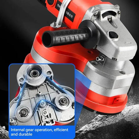 Built Tough Shop Workhorse Angle Grinder With Adjustable Handle And Six Speed Settings, detailed view of internal gear operation.
