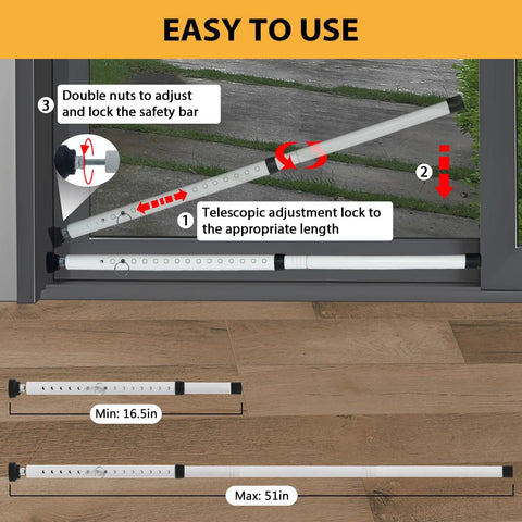 Adjustable Sliding Door Security Bar With Rubber Tips 18.5 To 51 Inches White Multi Use Patio Door And Window Security Bar Strong Steel Construction For Durable Protection Included In A Two Bar Pack shown in installed view