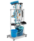 Stainless Steel Movable Broom Holder Organizer For Closet Storage And Mop Rack Floor Standing Cleaning Supplies Cart Durable And Easy To Install For Garden Garage Schools Hotels Hospitals Factories And Restaurants showing cleaning tools and buckets.