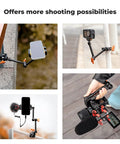 9.8 Inch Magic Arm Clamp Kit With 360 Degree Ball Heads holding phone, camera, and microphone in different setups