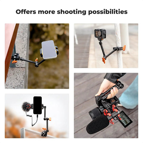 9.8 Inch Magic Arm Clamp Kit With 360 Degree Ball Heads holding phone, camera, and microphone in different setups
