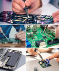 Pro Grade Adjustable Soldering Clamp in use for precise circuit board repair with heavy duty metal build and anti-slip feet