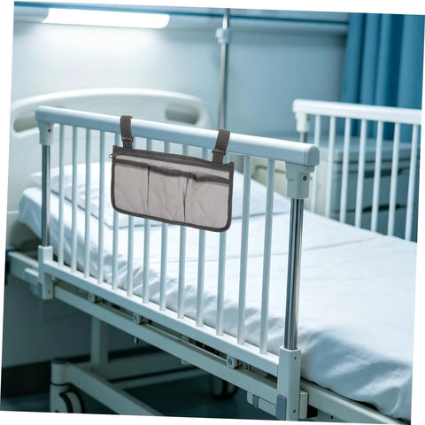 Bed rail with attached gray bed rail organizer with 4 pockets and dark trim in a hospital room.