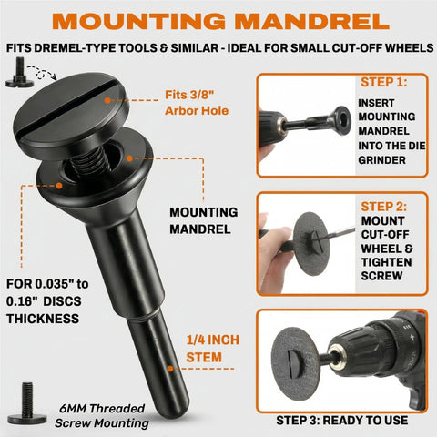 50 Pack 2 Inch Die Grinder Cut Off Wheels With 3/8 Inch Arbor For Air Grinders And Rotary Tools Includes 1/4 Inch Stem Mount Mandrel Kit