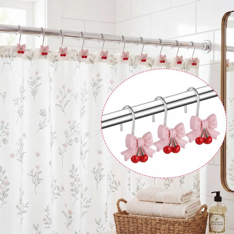 12 Piece Pink Bow Cherry Shower Curtain Hooks Set Resin Rust Resistant Gliding Hooks on standard rod in bathroom