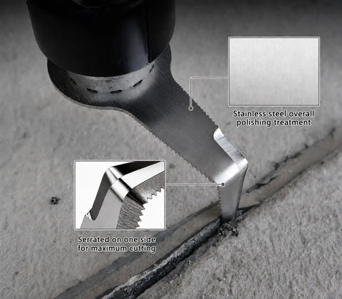 5-Pack 1 Inch Serrated Caulk Removal Blades For Oscillating Multitool showing serrated edge on caulk line with stainless steel finish