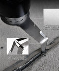 10 Pack 1 Inch Stainless Steel Serrated Caulking Scrapers For Oscillating Multi Tools showing blade cutting old caulk