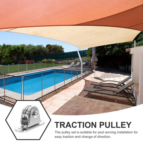 6-Piece Stainless Steel Pulley Roller With Bearing Set For Wall Mount Traction, Easy Install For Power Cables, Clotheslines, Rope Hoisting And Heavy Duty Cable Management. Pool awning pulley installed on patio