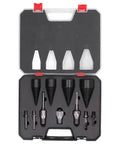 Tough As Nails 11 Piece Firewood Splitting Drill Bit Set With Heavy Carbon Steel Cone Bits in tool case showing 32mm, 38mm, 45mm, and 50mm.