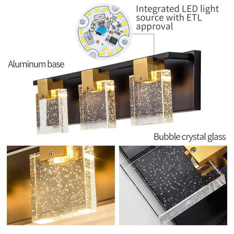 Black And Bronze Vanity Light Fixture With Square Bubble Crystal Panel LED Wall Sconce 4 Lights Rad Warm White 3000K 1600lm Easy Install ETL Approved Eco Friendly Modern Bath Lighting showing aluminum base and bubble glass detail.