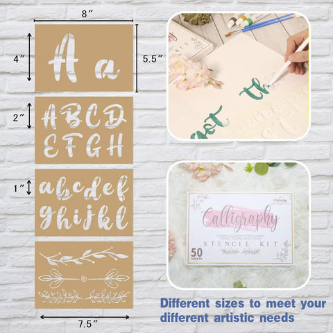 Go To Calligraphy Stencil Kit With 50 Pieces Large 4 Inch And Small 2 Inch Alphabet Stencils for Arts and Crafts Painting on Wood.