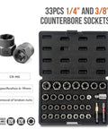 Heavy Duty Reverse Thread Impact Socket Set 1/4 3/8 And 1/2 Inch Drive Bits For Mechanic Pros Who Need Killer Gear To Smash Tough Jobs Without Any Frustration Or Slow Down Ever Again Today. 33pc Cr-Mo counterbore sockets in case
