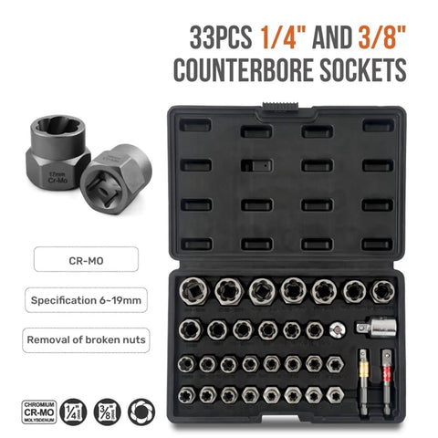 Heavy Duty Reverse Thread Impact Socket Set 1/4 3/8 And 1/2 Inch Drive Bits For Mechanic Pros Who Need Killer Gear To Smash Tough Jobs Without Any Frustration Or Slow Down Ever Again Today. 33pc Cr-Mo counterbore sockets in case