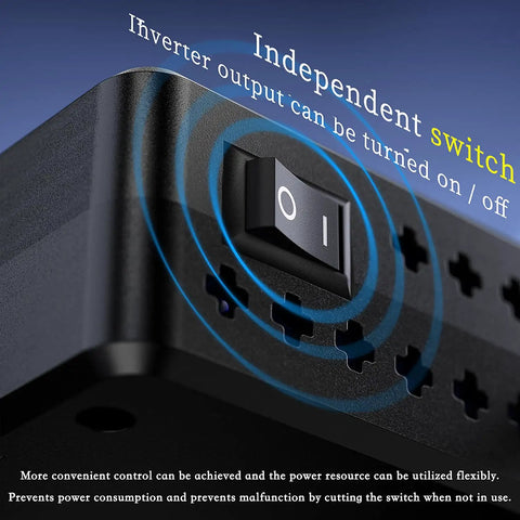 Close-up of the independent switch on the 200W Car Power Inverter DC To AC Converter With Three USB Ports And Type C Quick Charge.