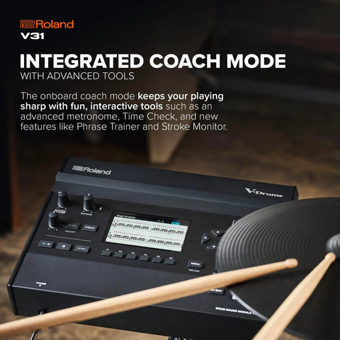 V-Drums V31 Sound Module For V-Drums 3 Series with integrated coach mode and control panel, angled view