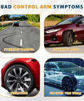 Image depicting signs of bad control arm symptoms including steering wander, clunking noise, vibration, uneven tire wear.