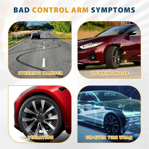 Image depicting signs of bad control arm symptoms including steering wander, clunking noise, vibration, uneven tire wear.