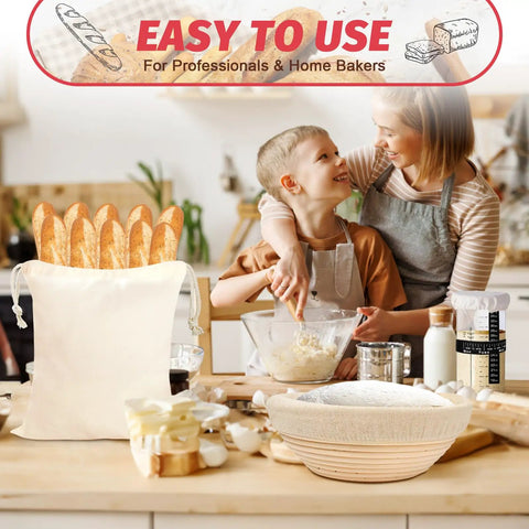 Mother and child baking with All In One Sourdough Starter Kit with Round and Oval Banneton Baskets, Starter Jar on table.
