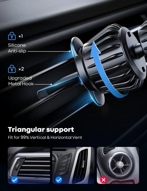 High Capacity MagSafe Car Mount Vent Holder With Blasted N52 Super Magnets compatible with iPhone showing upgraded metal hook and silicone anti-slip.