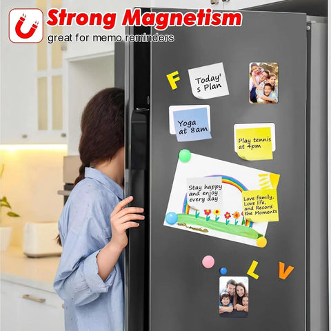 Fridge with notes and photos using Go-To DIY Button Maker Refill Kit For Badge Presses 2x3 Inch Square Fridge Magnet Parts
