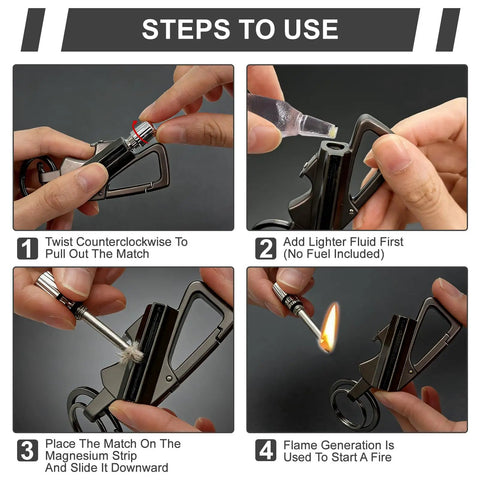 Steps to use the Two Pack Permanent Match Lighter Set With Tinder Storage Canister, Reusable Fire Starter, Multitool Keychain And Bottle Opener.