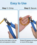 Crimping Pliers For Jewelry Making And Bead Crimp Tool demonstrating crimping steps with 2mm to 5mm beads, ergonomic grip shown.
