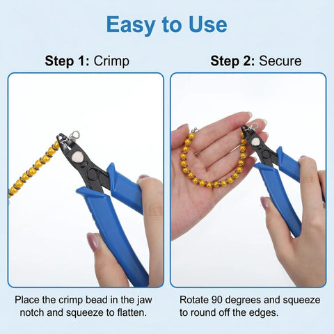 Crimping Pliers For Jewelry Making And Bead Crimp Tool demonstrating crimping steps with 2mm to 5mm beads, ergonomic grip shown.