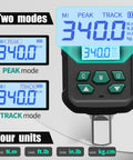 Half Inch Digital Torque Wrench Adapter Turns Any Ratchet Into A Pro Torque Tool 7.5 To 250 Ft Lb (10 To 340 Nm) With 2 Percent Accuracy Includes Case, Two Socket Adapters, Mini Screwdriver, Calibration Certificate, And Manual. Digital torque adapter display showing peak and track modes, four units, and 1/2 in drive.