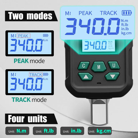 Half Inch Digital Torque Wrench Adapter Turns Any Ratchet Into A Pro Torque Tool 7.5 To 250 Ft Lb (10 To 340 Nm) With 2 Percent Accuracy Includes Case, Two Socket Adapters, Mini Screwdriver, Calibration Certificate, And Manual. Digital torque adapter display showing peak and track modes, four units, and 1/2 in drive.