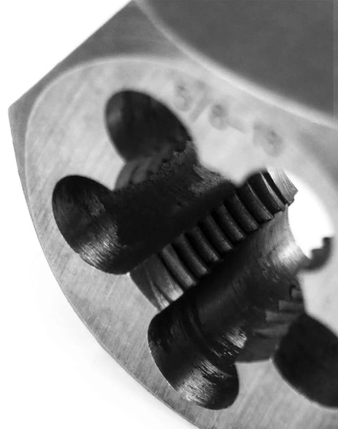 Close-up of Five Eighths By Eighteen UNF Hex Die for Thread Repair in Carbon Steel, showing precise thread forming details.